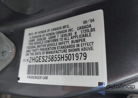 2005 Honda Civic Ex z USA, uszkodzony, nr VIN 2HGES25855H501979